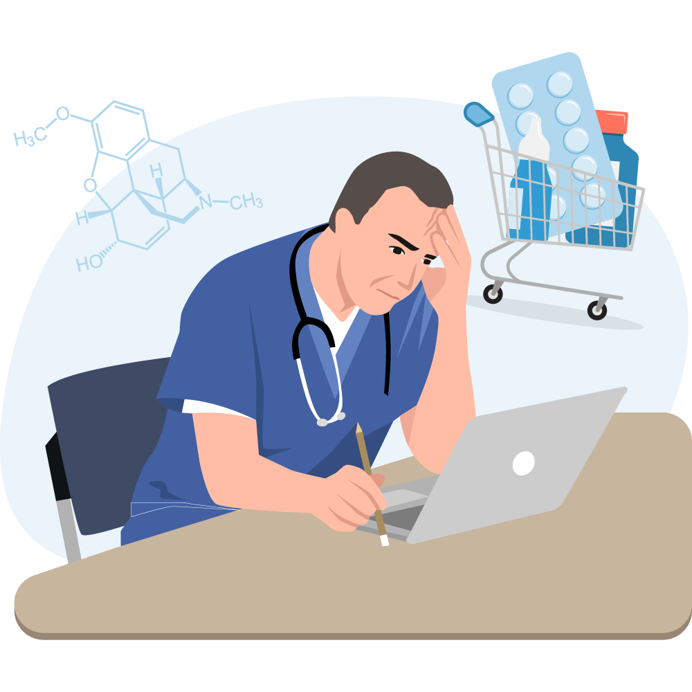 Illustration of doctor with head in hand at desk