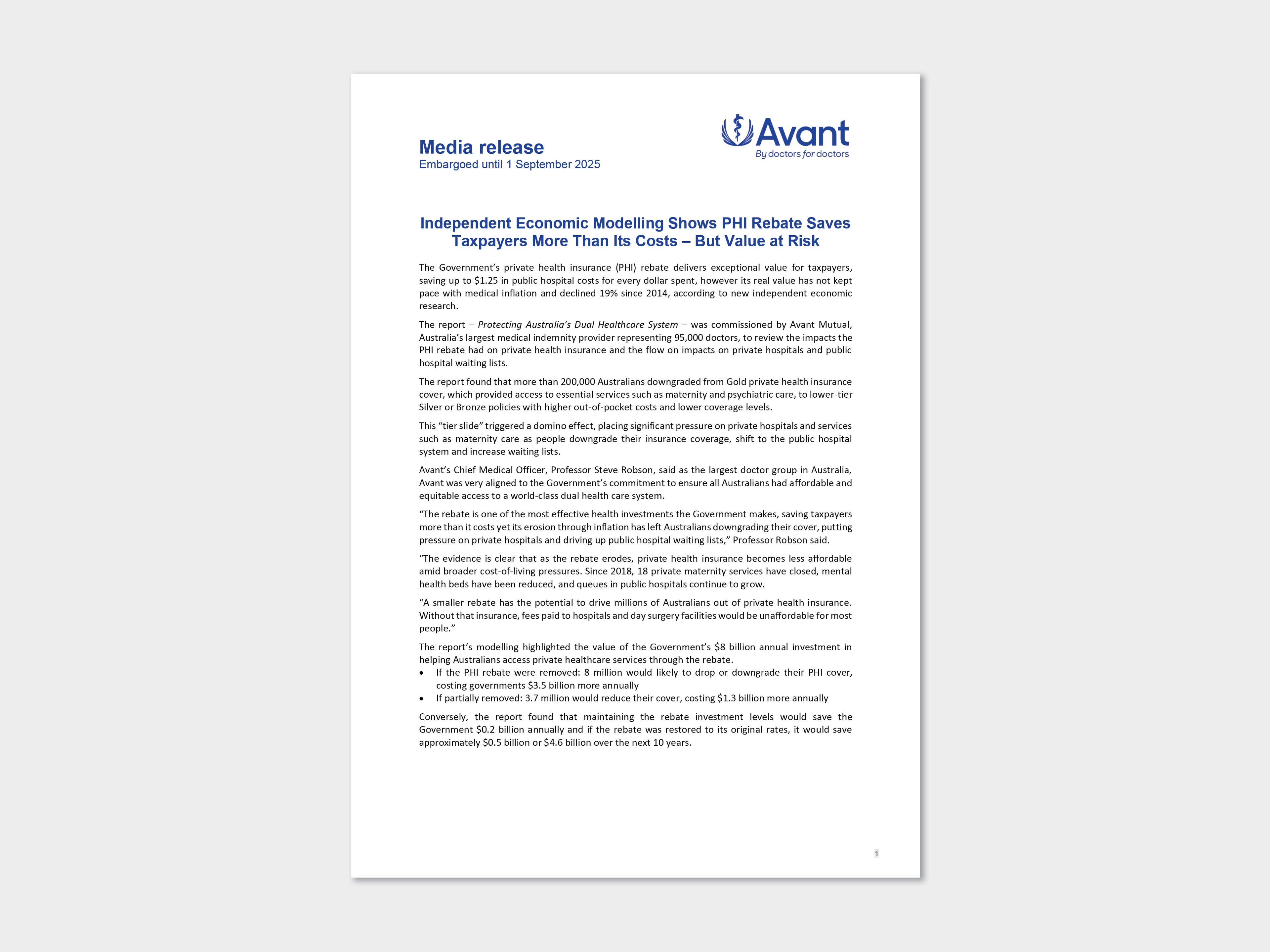 Media Release: PHI rebate saves taxpayers more than its costs