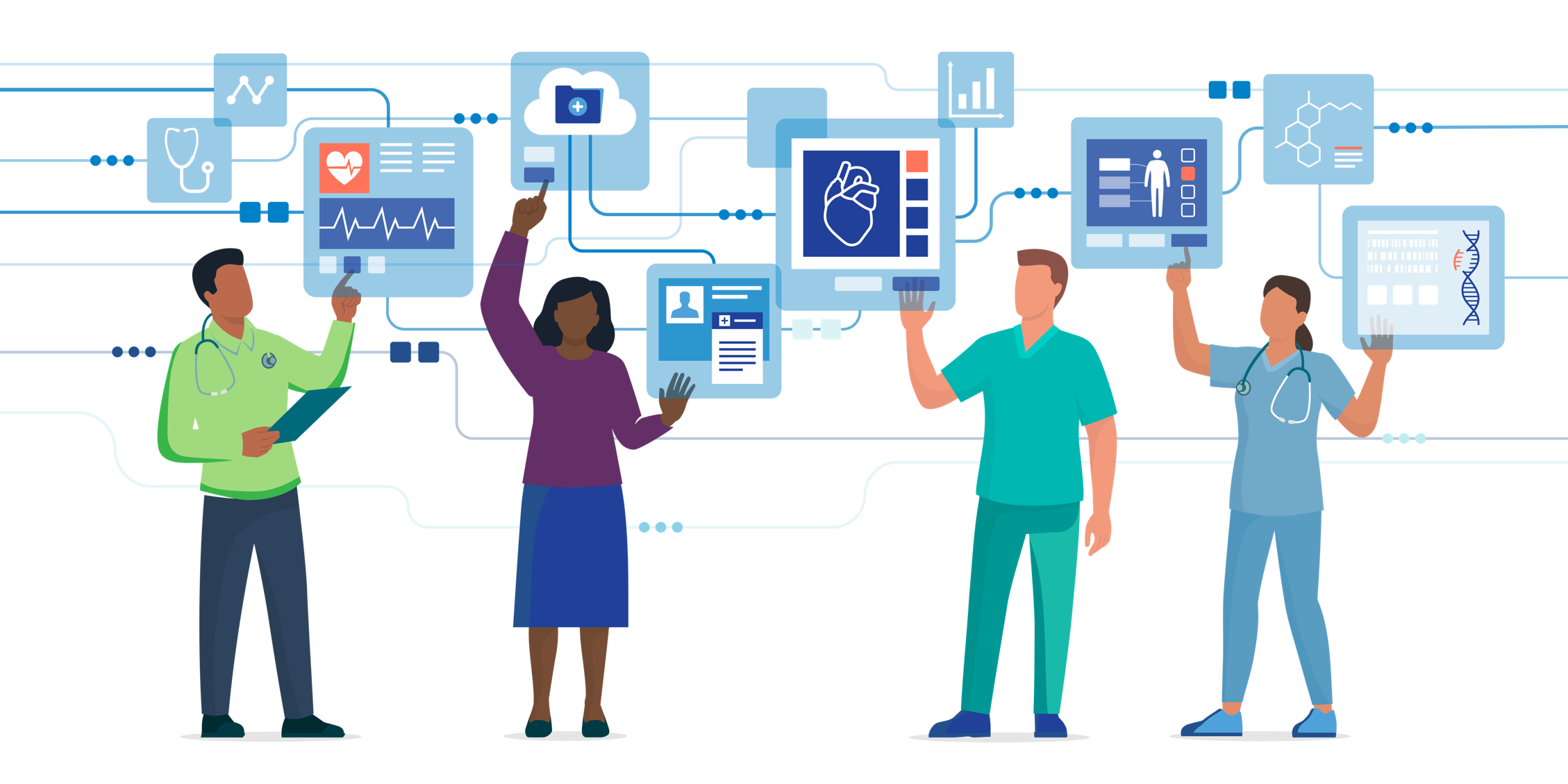 Illustration of four people pointing to computer images floating above their heads