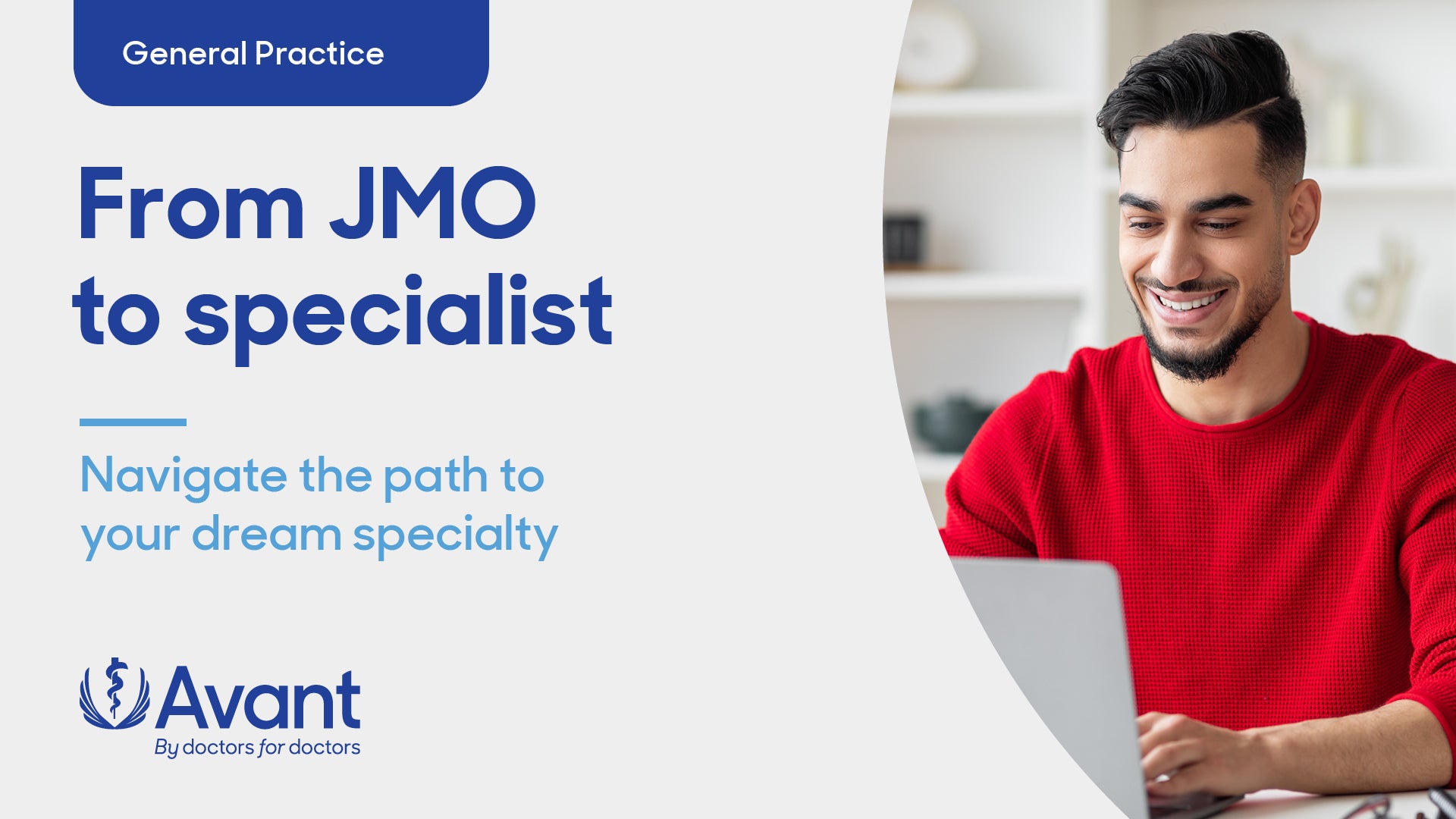 Man in red watching a webinar