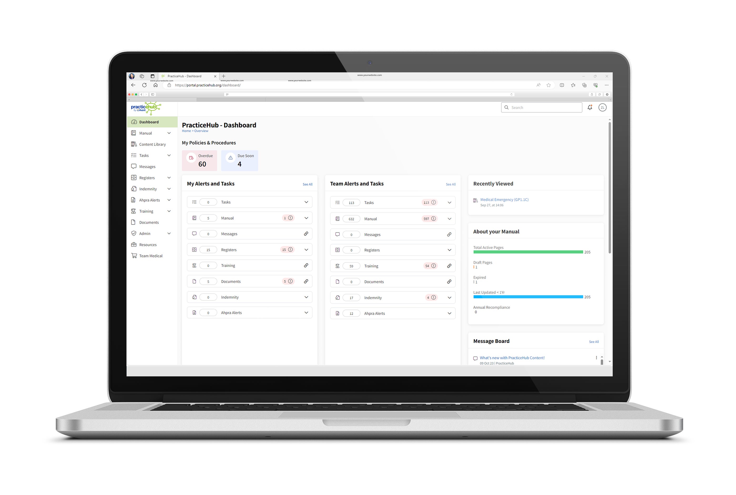 Screenshot of practicehub platform dashboard on a laptop