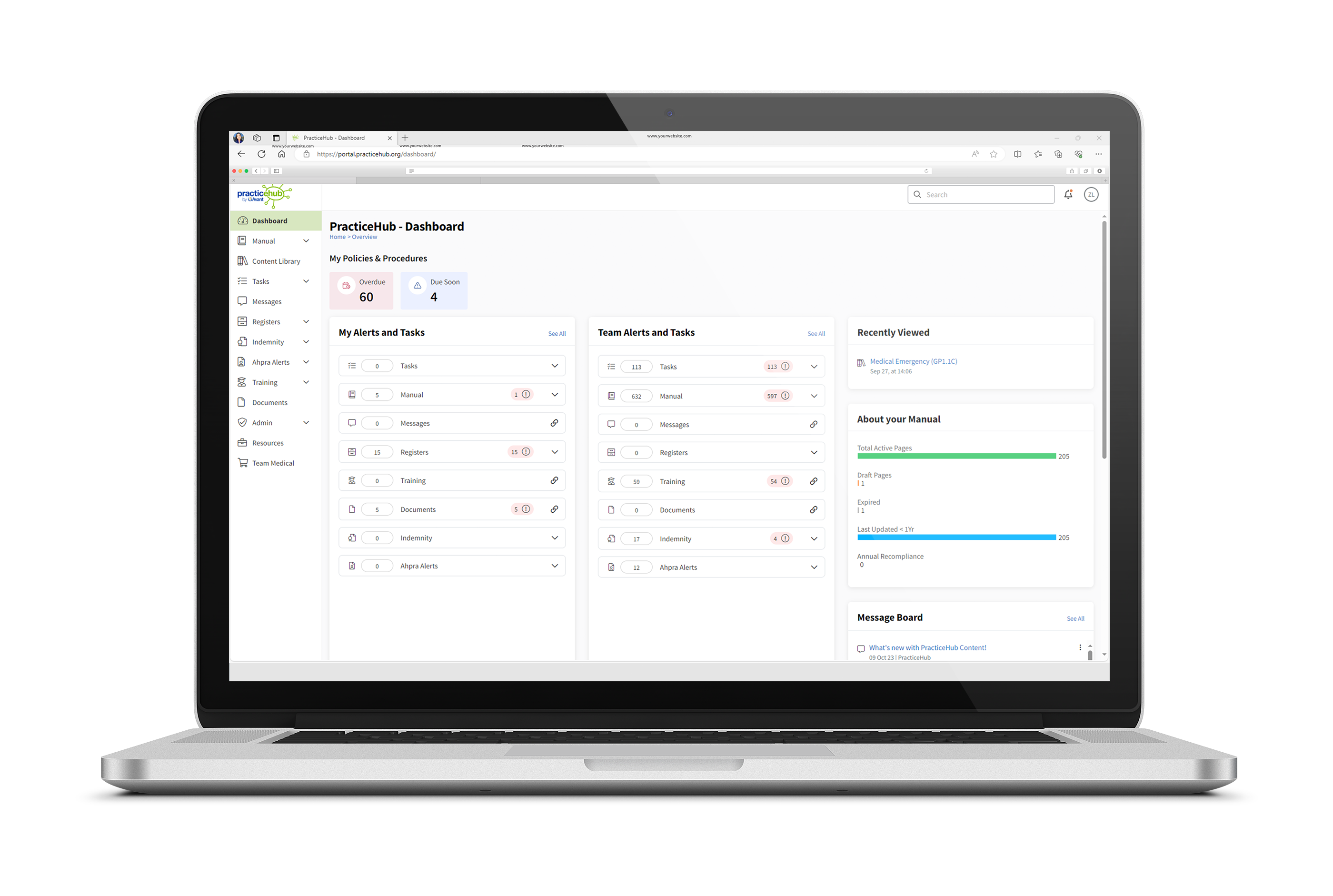 Screenshot of practicehub platform dashboard on a laptop