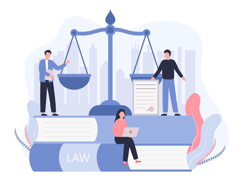 Animated image of two people standing in front of the scales of justice and one person sitting on a law book looking at a laptop.