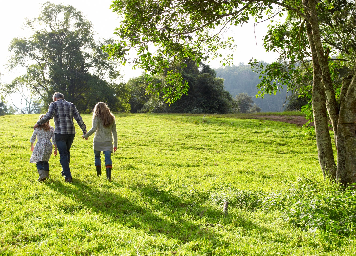 family walking through forest