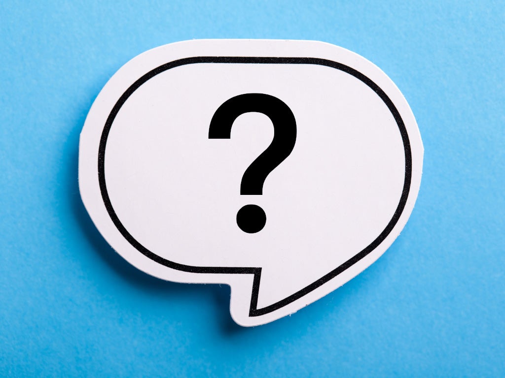 White speech bubble with question mark inside and blue background