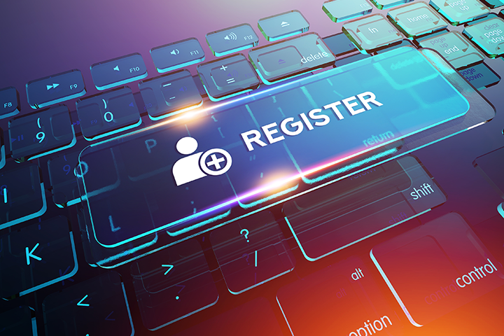 Keyboard graphic with the word register imprinted over the top.