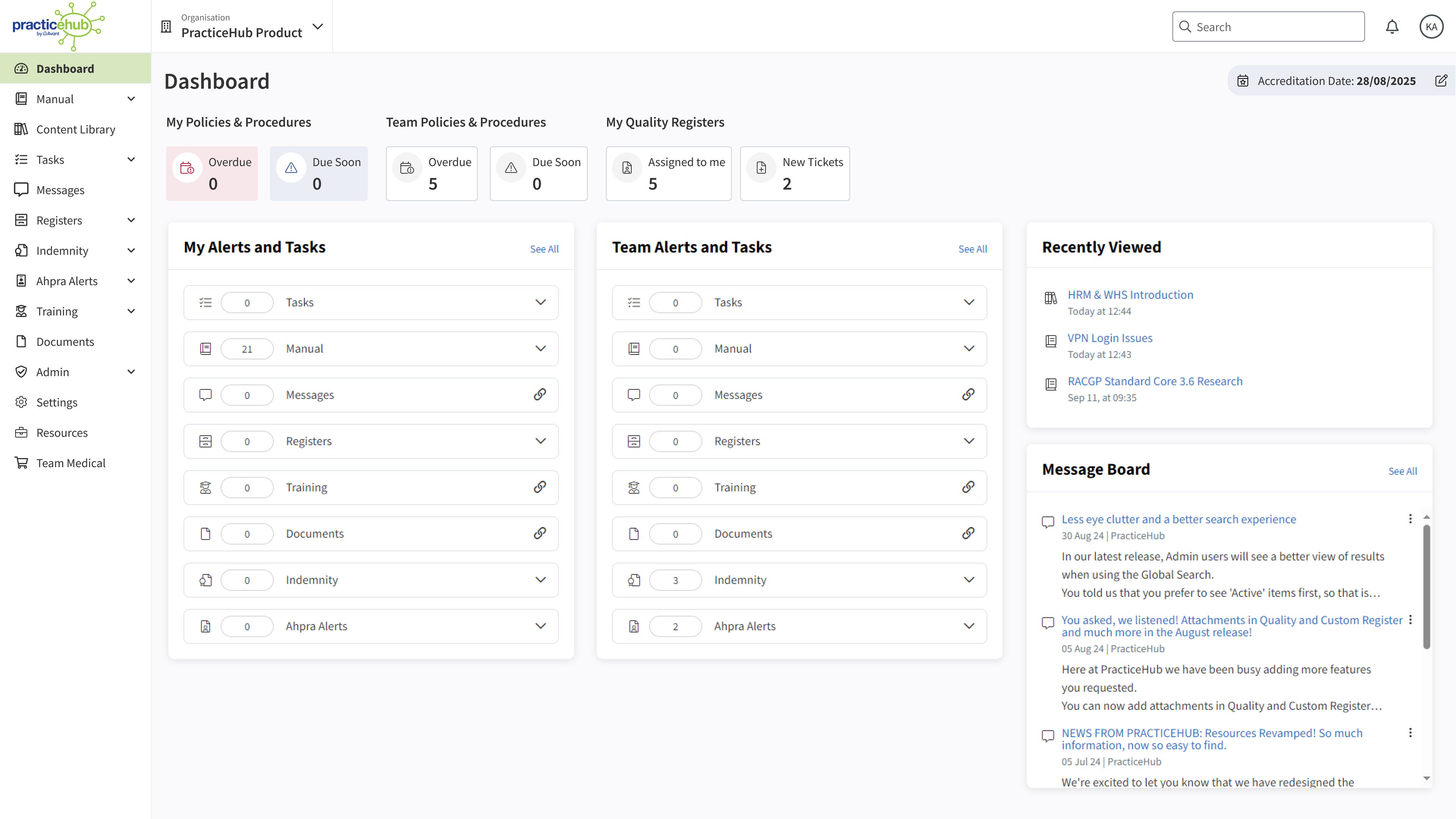 PracticeHub dashboard