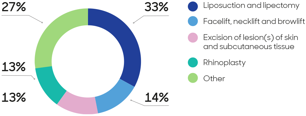 A graph showing percentage of total skin, general plastic and cosmetic procedures being 33% liposuction and lipectomy, 27% other, 14% facelift, necklift and browlift, 13% rhinoplasty and 13% excision of lesion of skin and subcutaneous tissue