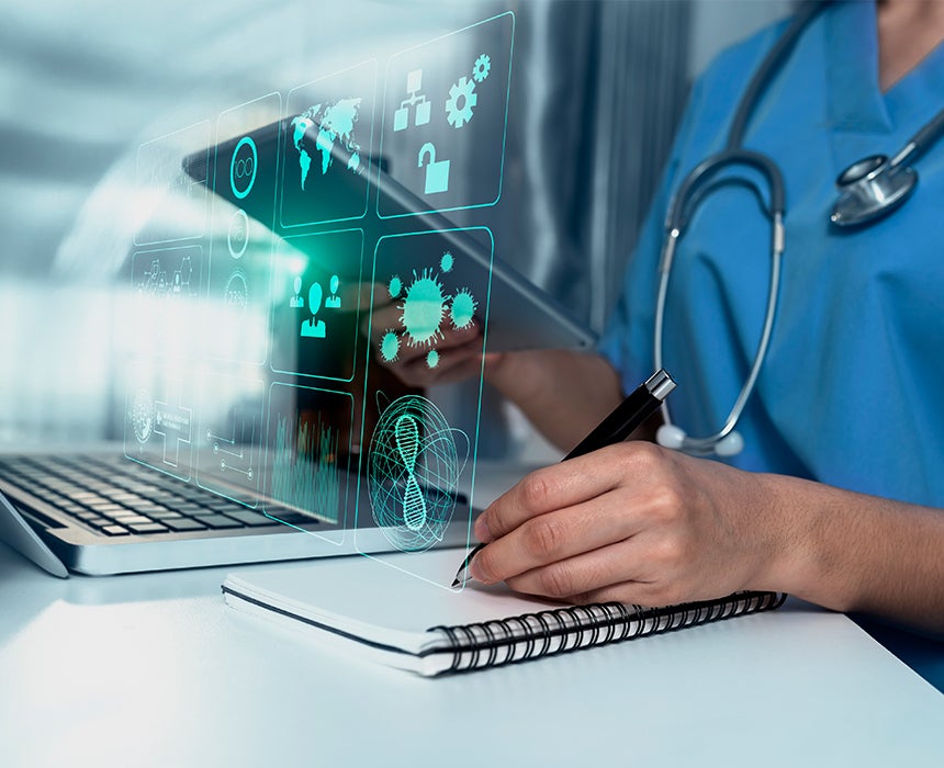 Image of doctor with digital device and computer graphics