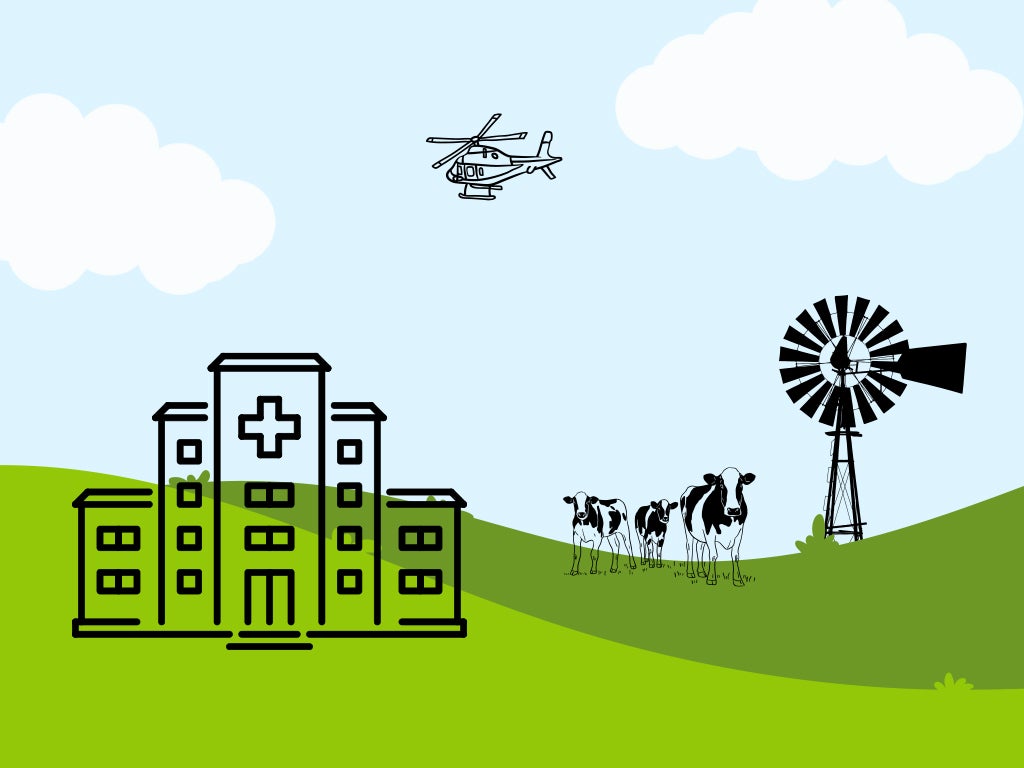 Cartoon image of hospital in the countryside