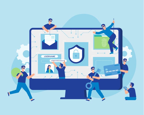 Illustration of computer screen with robbers taking privacy content